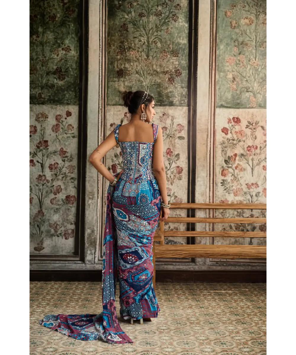 DIYARAJVVIR - Teal Print and Highlighted Corset Blouse with Pre-Draped Classic Saree Set